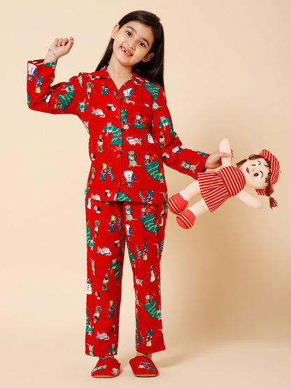 Girls Red Christmas Themed Night Suit With Matching Slip Ons