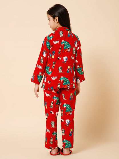 Piccolo-Christmas Tree Printed Night Suit With Slip Ons- Red