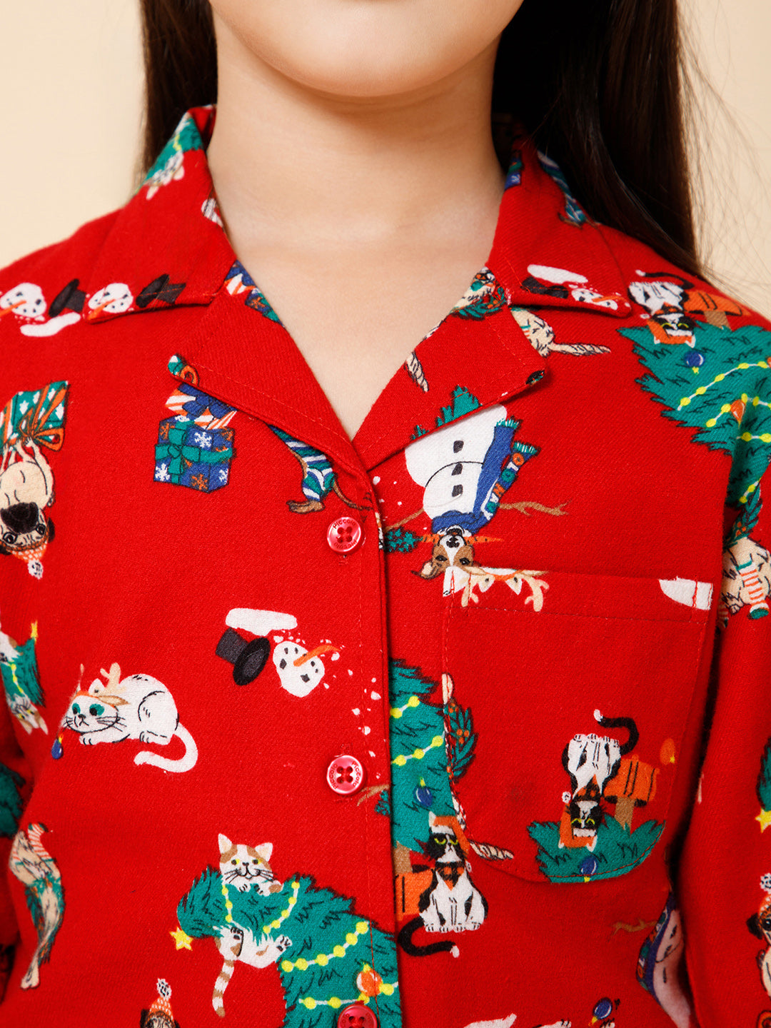 Piccolo-Christmas Tree Printed Night Suit With Slip Ons- Red