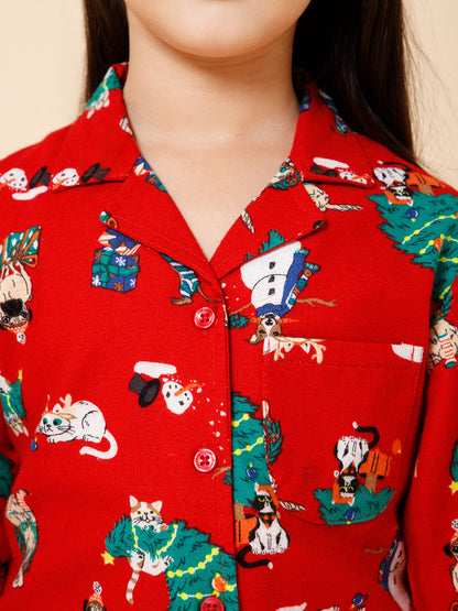 Piccolo-Christmas Tree Printed Night Suit With Slip Ons- Red
