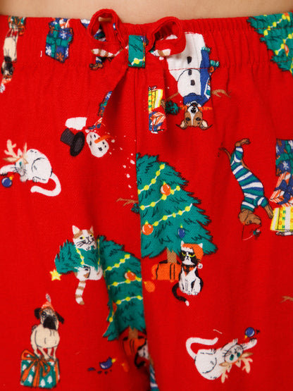 Girls Red Christmas Themed Night Suit With Matching Slip Ons