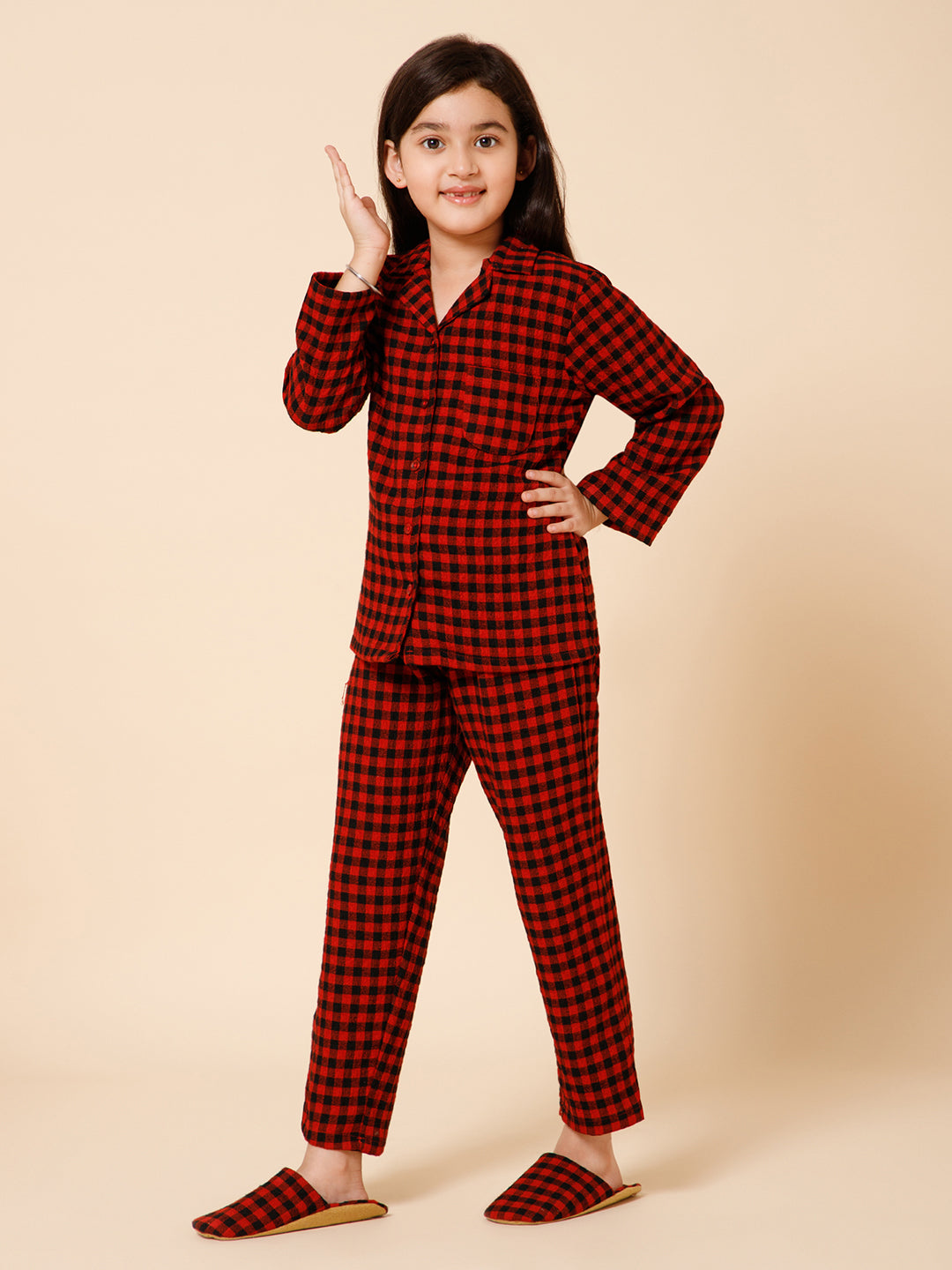Girls Red Fleece Checked Full Sleeves Pyjama Set With Slip Ons