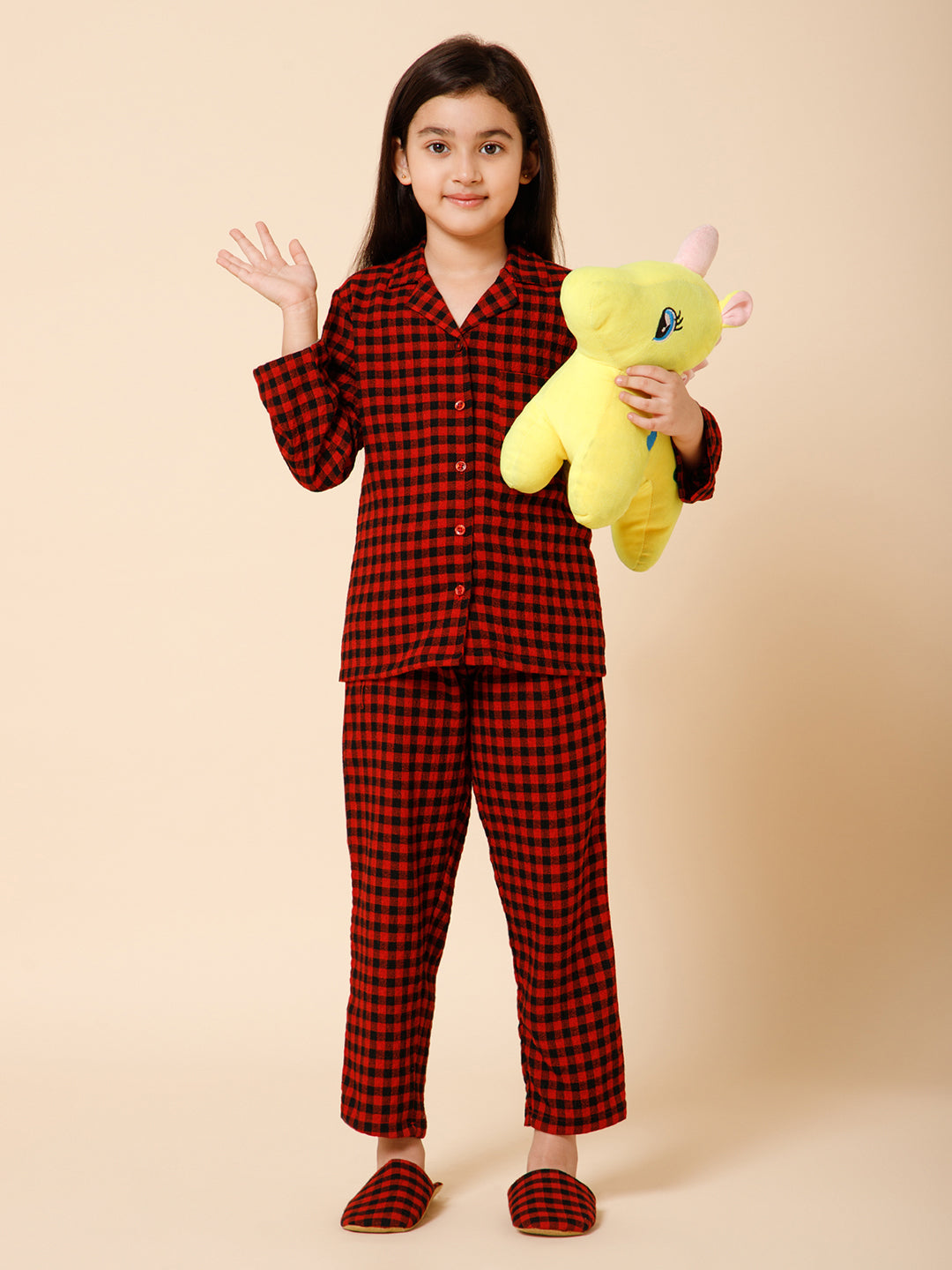 Piccolo-Printed Night Suit With Slip Ons- Red & Black