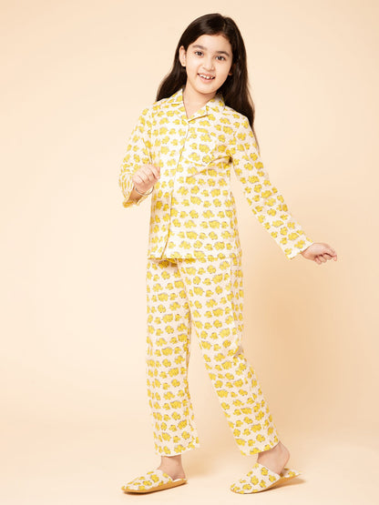 Girls Elephant Printed Yellow Shirt And Pyjamas With Slip Ons