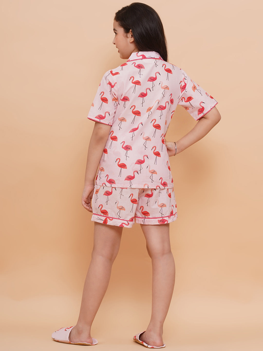 Girls Sleepwear Pink Cotton Shorts & Shirt Set With Slip Ons