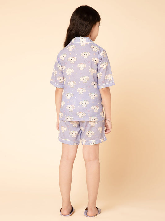 Girls Baby Elephant Printed Top And Shorts Night Suit Set