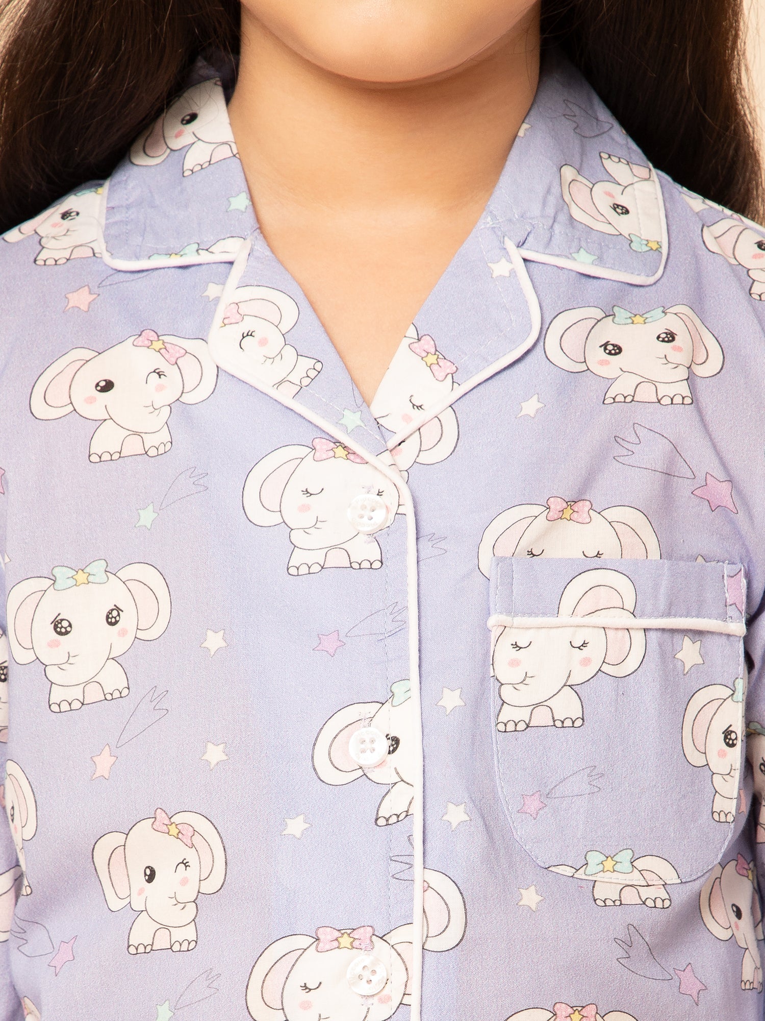 Girls Lavender Elephant Print Cotton Shorts & Shirt Set With Slip Ons