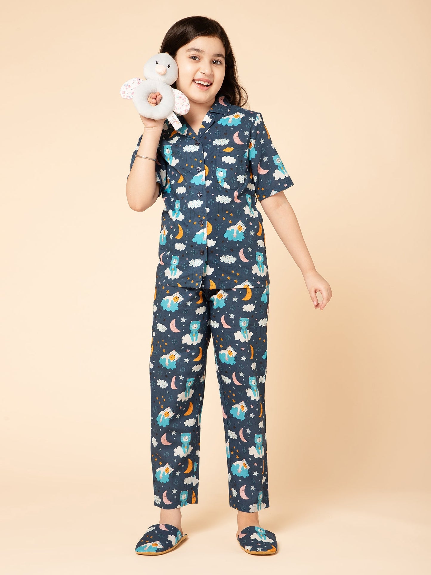 Girls Pure Cotton Space Themed Night Suit Set With Slippers