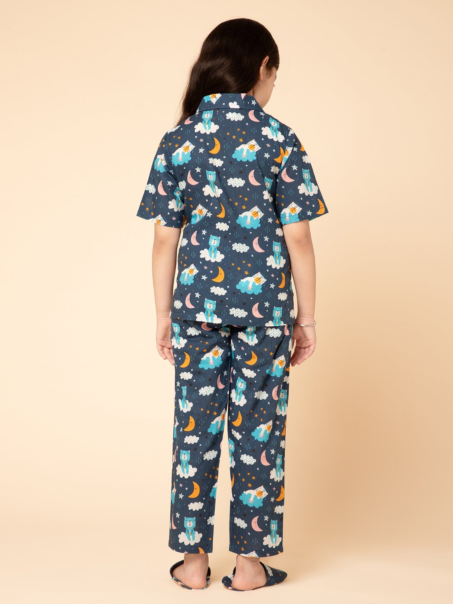 blue Half Sleeves Printed Night Shirt with Pyjama &amp; Slipper