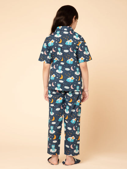 blue Half Sleeves Printed Night Shirt with Pyjama &amp; Slipper
