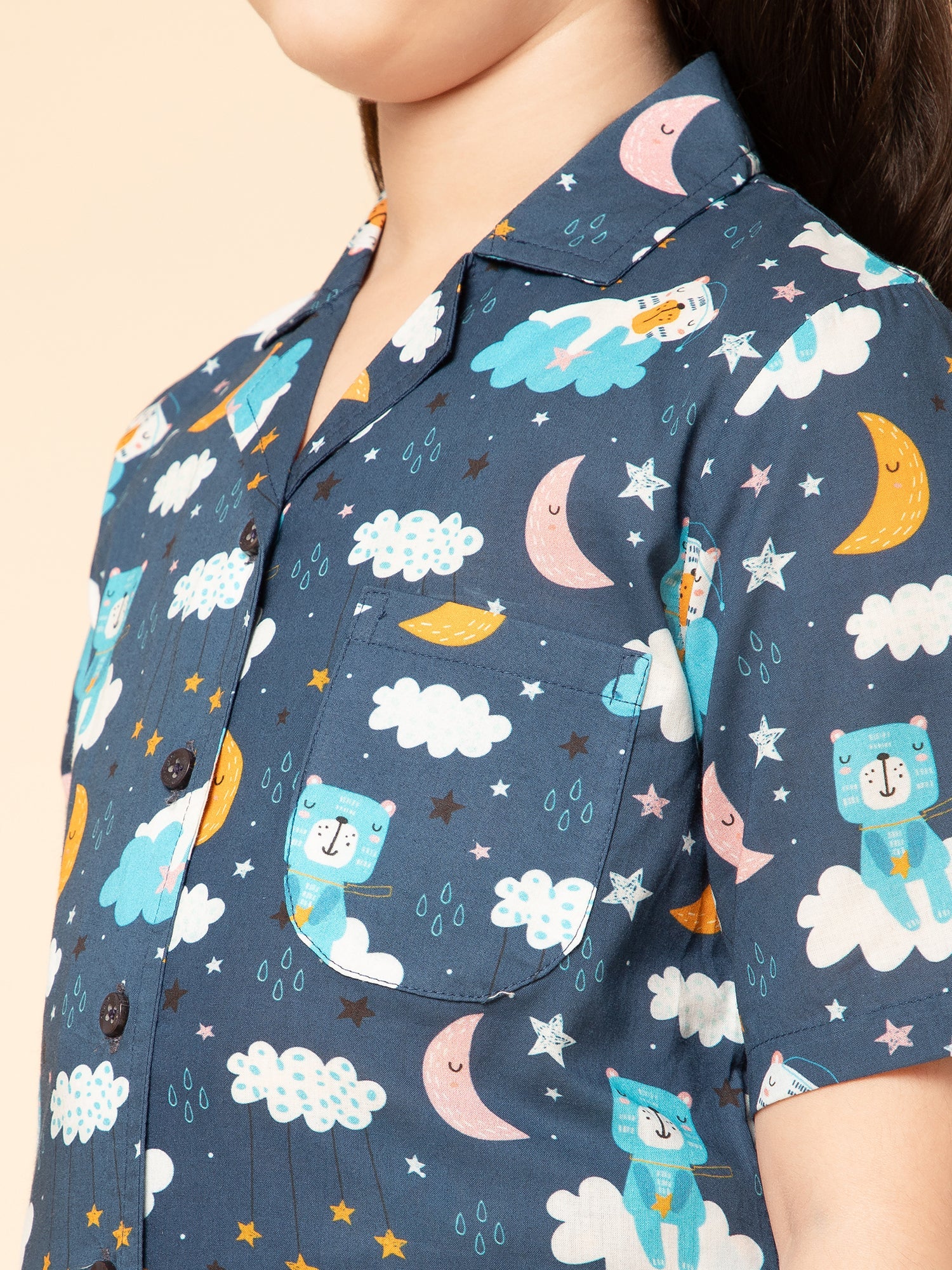 blue Half Sleeves Printed Night Shirt with Pyjama &amp; Slipper