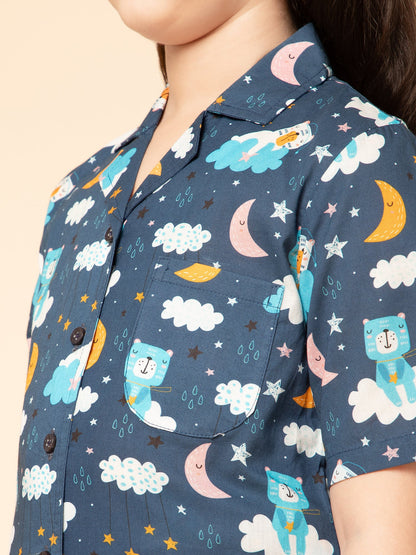 blue Half Sleeves Printed Night Shirt with Pyjama &amp; Slipper