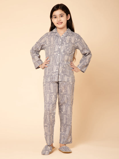 Girls Pure Cotton Printed Grey Night Suit Set