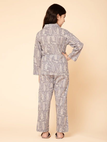 Girls Pure Cotton Printed Grey Night Suit Set