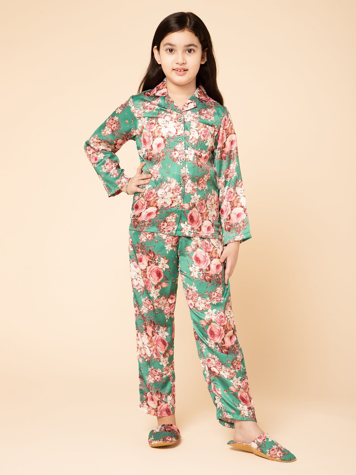 Girls Green Satin Floral Full Sleeves Pyjama Set With Slip Ons