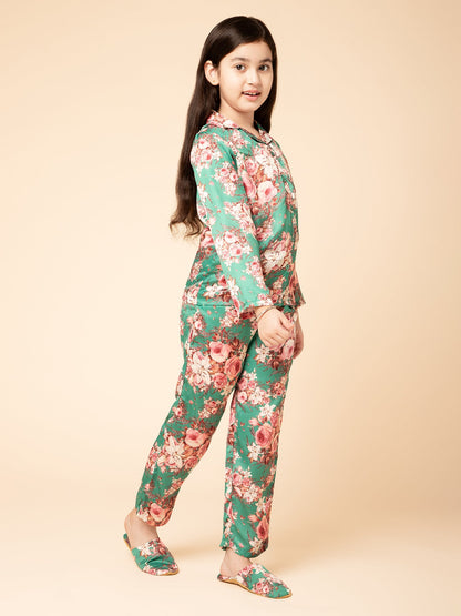 Satin Floral Print Night Suit Green