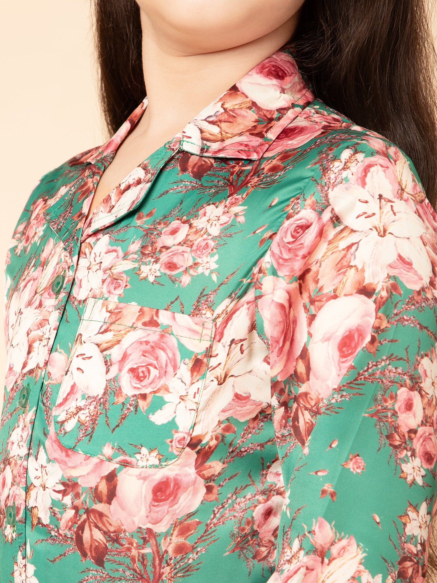 Satin Floral Print Night Suit Green