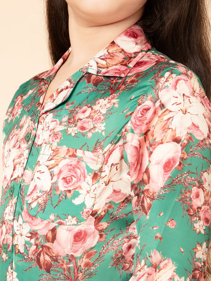 Satin Floral Print Night Suit Green