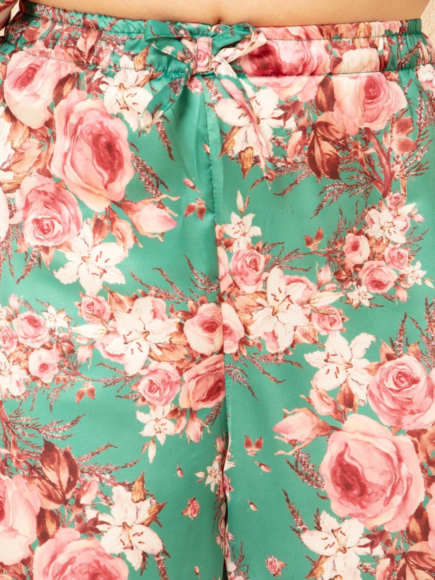 Satin Floral Print Night Suit Green