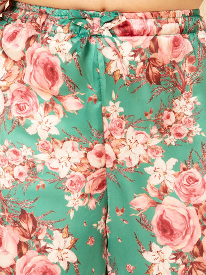 Satin Floral Print Night Suit Green