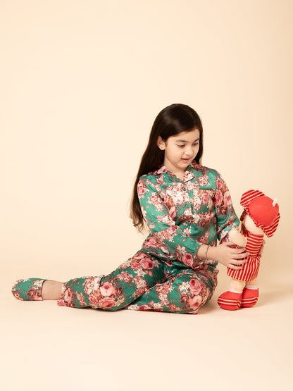 Satin Floral Print Night Suit Green