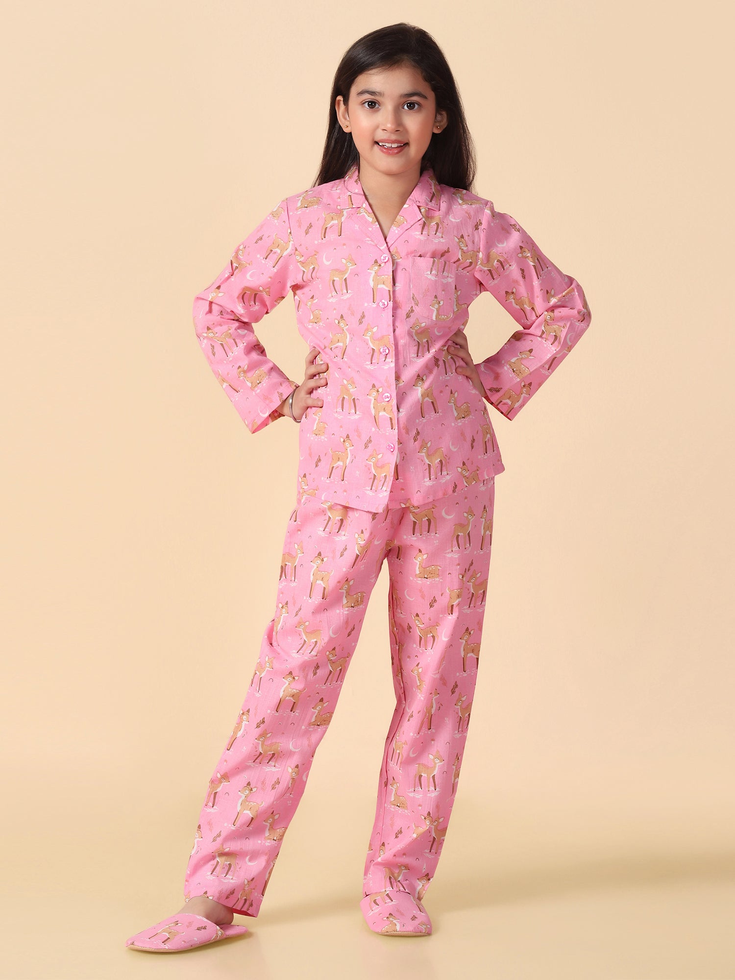 Girls Pink Reindeer Printed Cotton Pyjama Set With Slip Ons