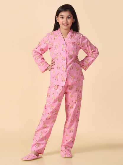 Girls Pink Reindeer Printed Pyjama Set with Slip Ons