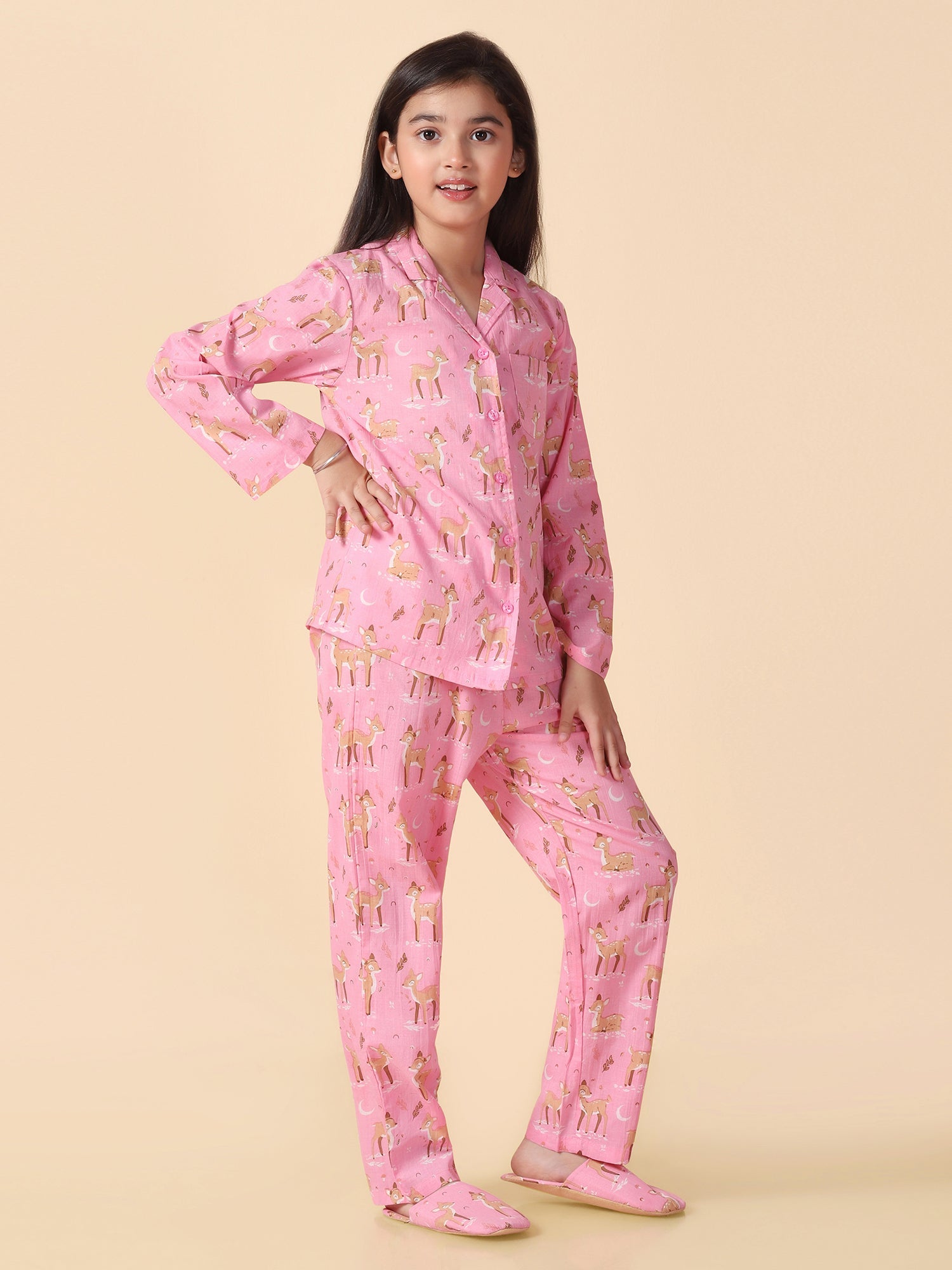 Girls Pink Reindeer Printed Cotton Pyjama Set With Slip Ons