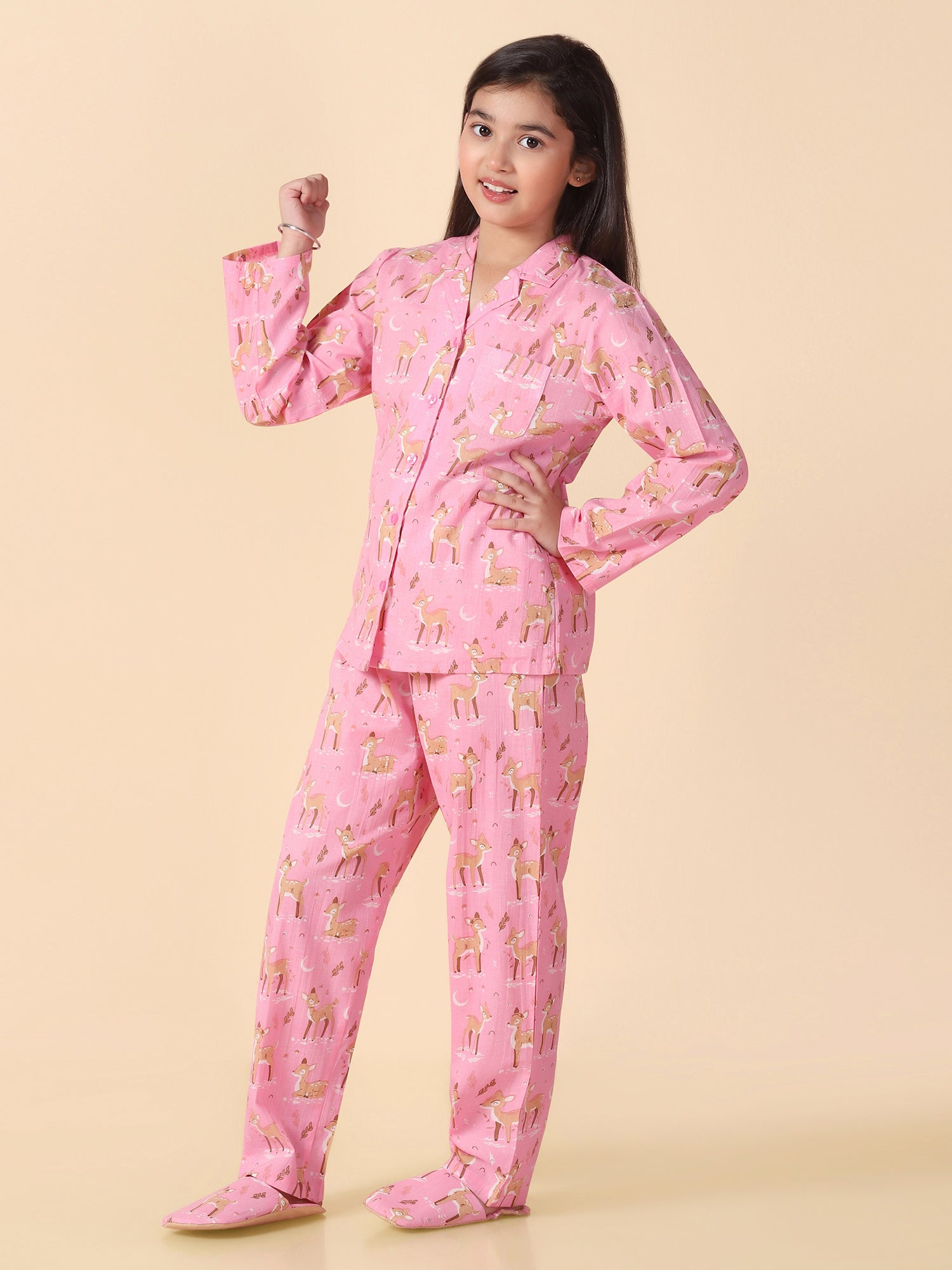 Girls Pink Reindeer Printed Cotton Pyjama Set With Slip Ons