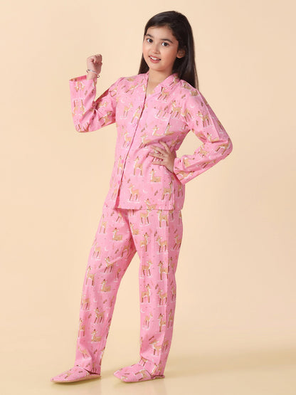 Girls Pink Reindeer Printed Pyjama Set with Slip Ons