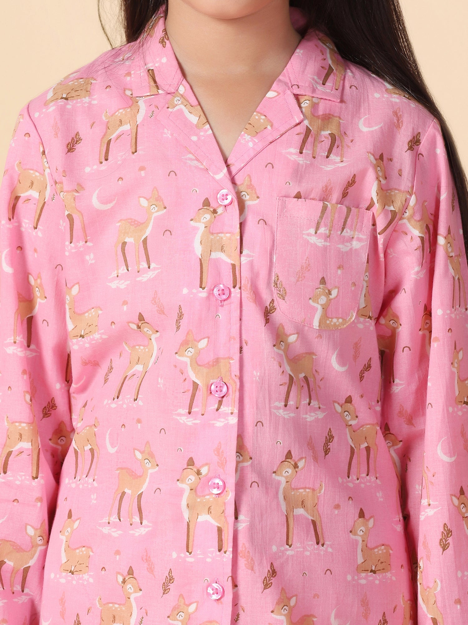 Girls Pink Reindeer Printed Cotton Pyjama Set With Slip Ons