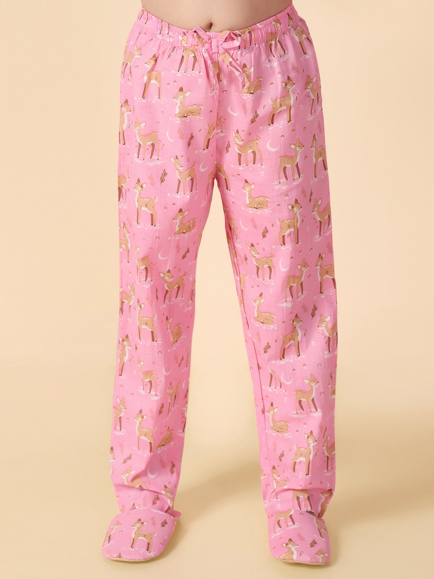 Girls Pink Reindeer Printed Cotton Pyjama Set With Slip Ons