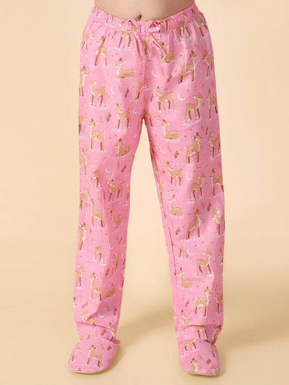 Girls Pink Reindeer Printed Pyjama Set with Slip Ons