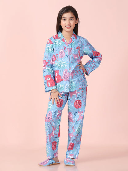 Girls Pure Cotton Printed Blue Shirt and Pyjama Set With Slip Ons
