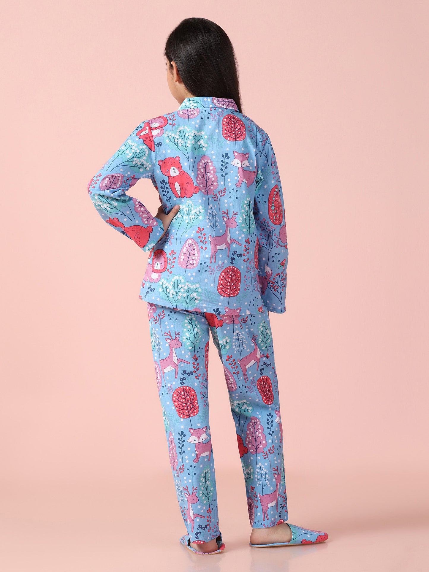 Girls Pure Cotton Printed Blue Shirt and Pyjama Set With Slip Ons