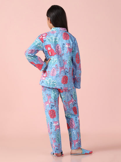 Girls Pure Cotton Printed Blue Shirt and Pyjama Set With Slip Ons