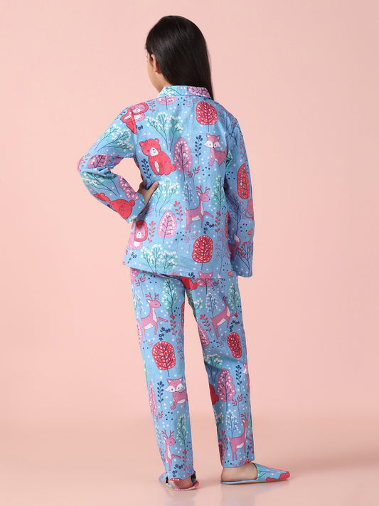Girls Pure Cotton Printed Blue Shirt and Pyjama Set With Slip Ons