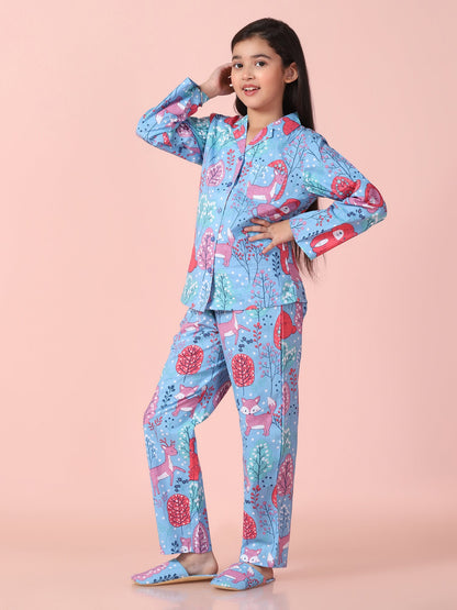 Girls Pure Cotton Printed Blue Shirt and Pyjama Set With Slip Ons