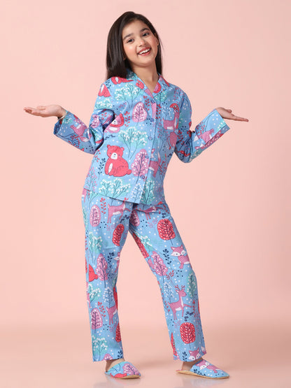 Girls Pure Cotton Printed Blue Shirt and Pyjama Set With Slip Ons