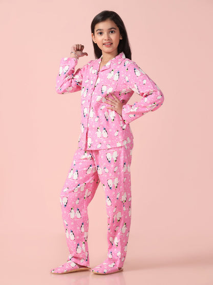 Girls Pure Cotton Penguin Printed Shirt And Pyjama Set With Slip Ons