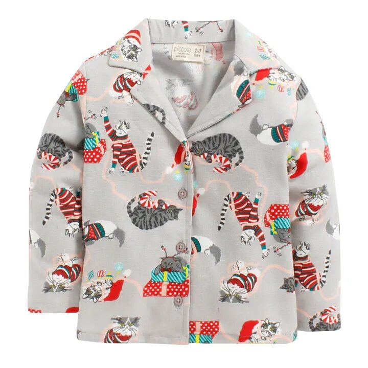 Gray Animal Cat Print  Shirt and Pyjama Set