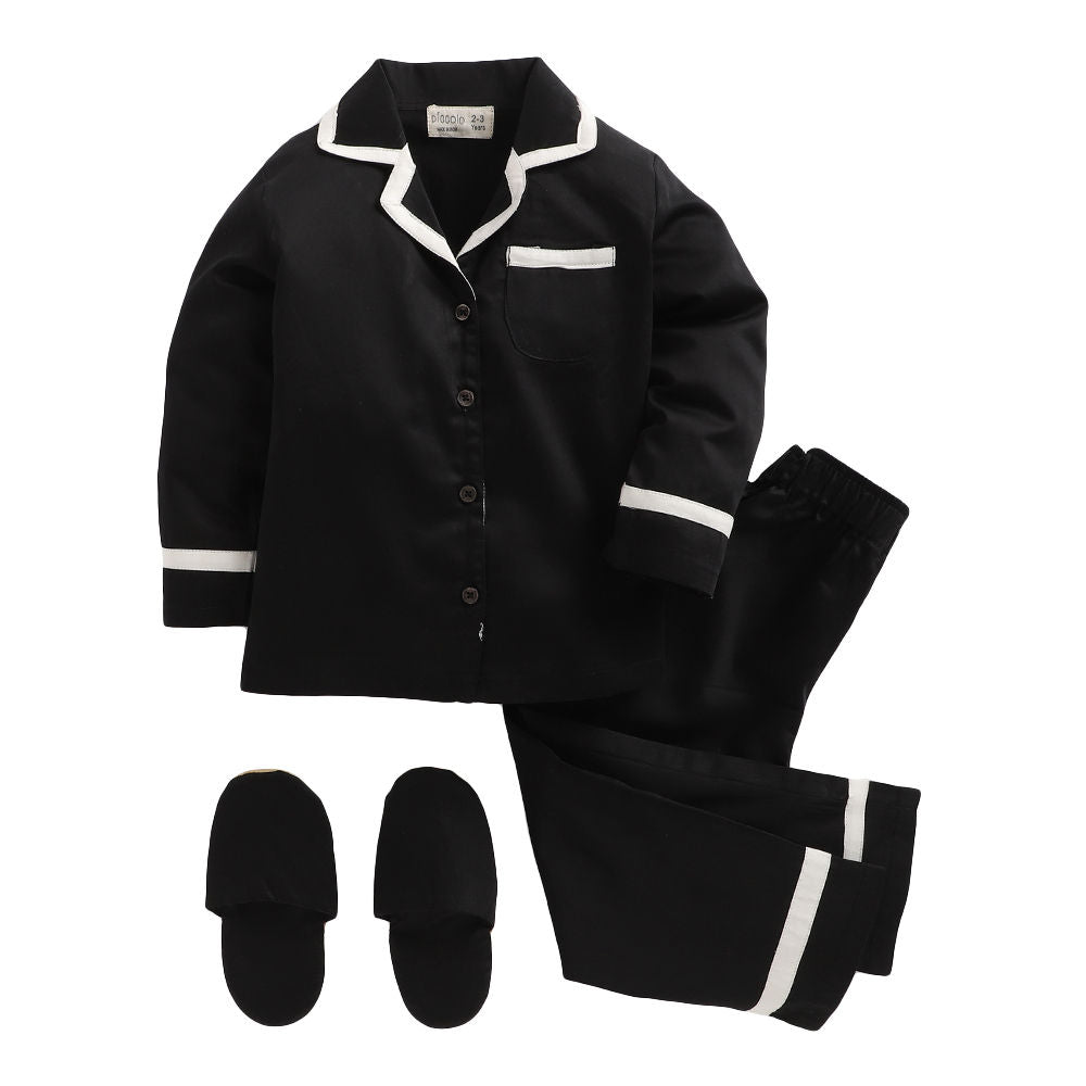 Girls Black Satin Full Sleeves Pyjama Set With Slip Ons