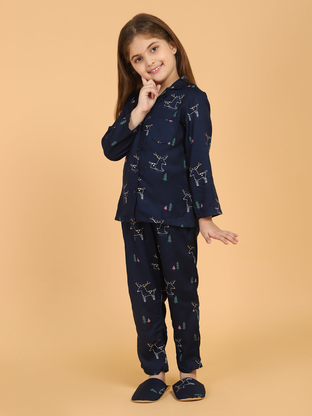 Navy Blue Animal Print Shirt With Pyjama Set