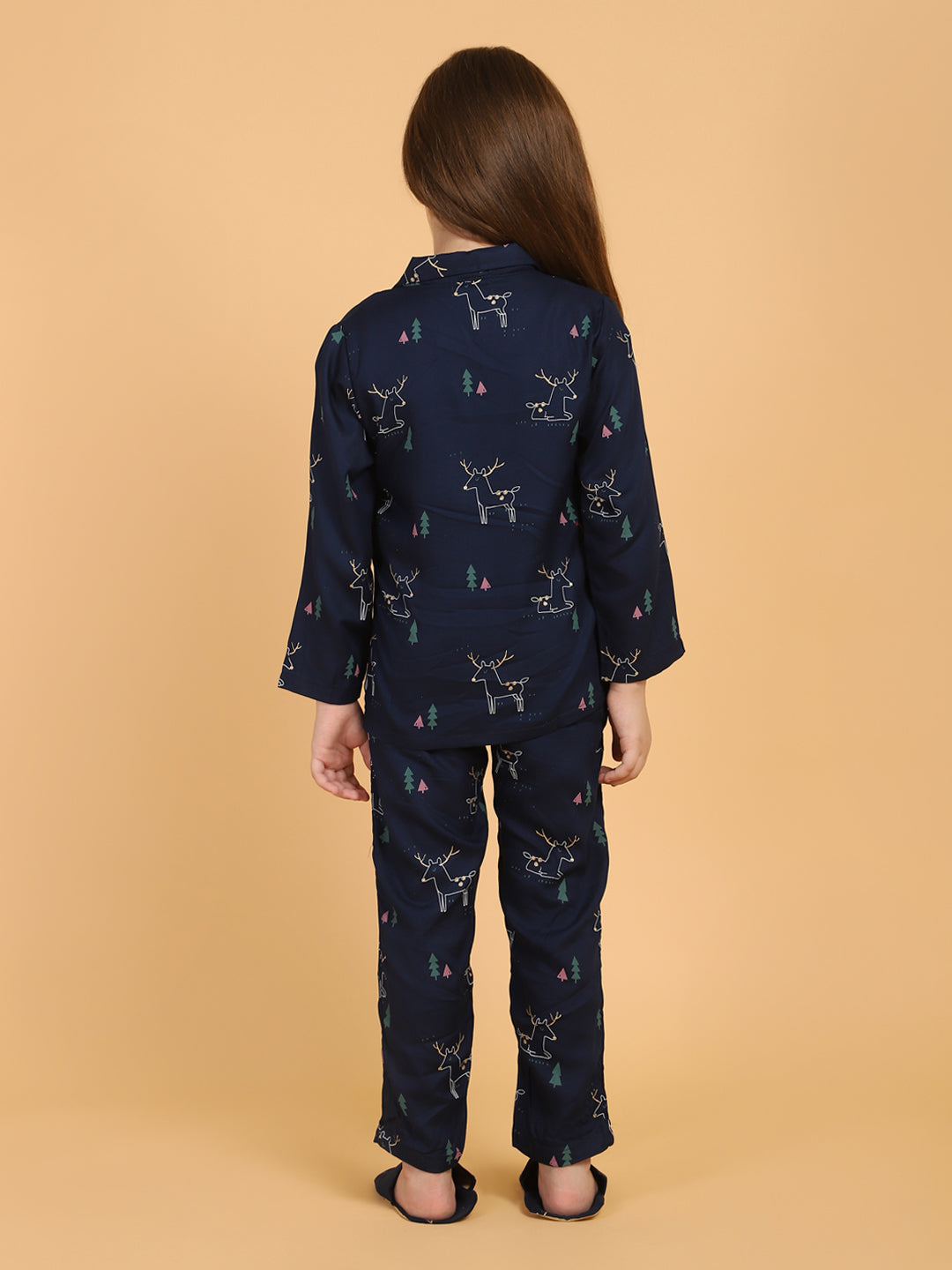Navy Blue Animal Print Shirt With Pyjama Set