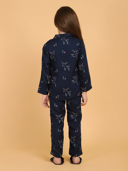 Navy Blue Animal Print Shirt With Pyjama Set