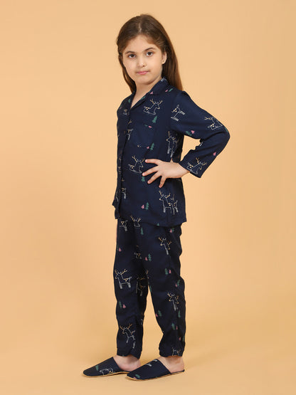 Navy Blue All Over Print Top & Pyjama Sets