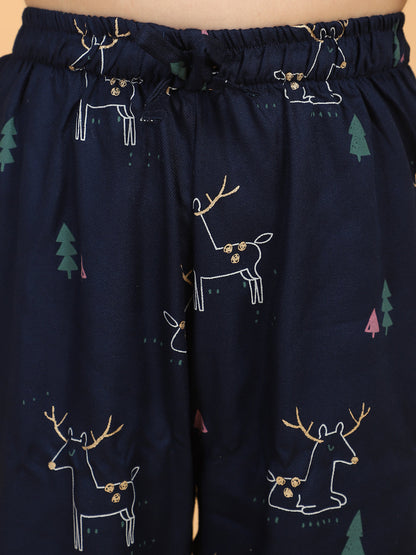 Navy Blue Animal Print Shirt With Pyjama Set
