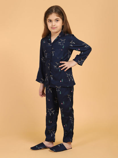 Navy Blue Animal Print Shirt With Pyjama Set