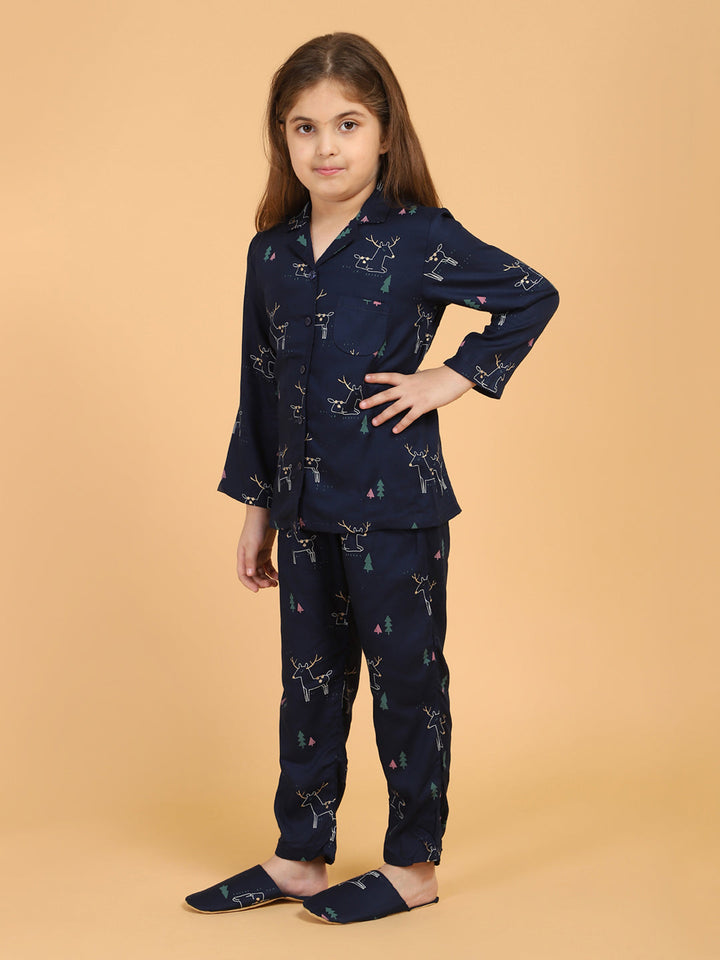Navy Blue Animal Print Shirt With Pyjama Set