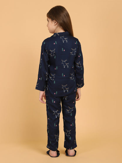 Navy Blue All Over Print Top & Pyjama Sets